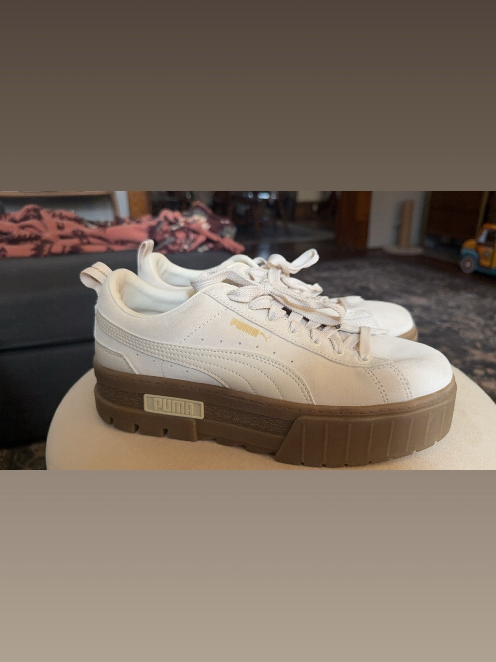 Puma White Low-Top Platform Sneakers with Brown Sole